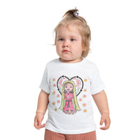 Catholic Baby Clothes: Our Lady of Guadalupe Baby Short Sleeve Heart Shaped Rosary T-Shirt